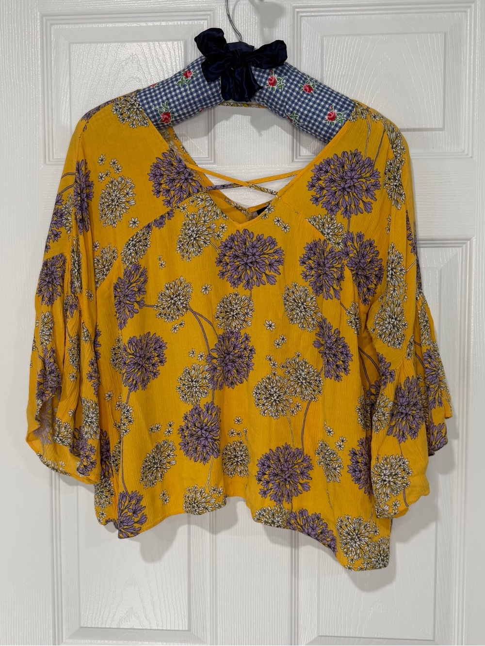 a.n.a Yellow Floral V-Neck Crisscross Peasant Blouse